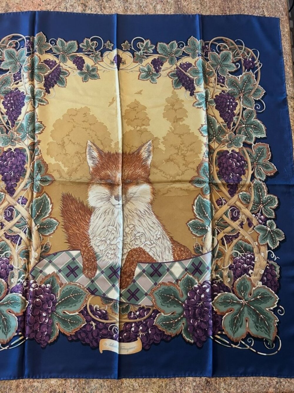 Vintage Salvatore Ferragamo Silk Scarf with Fox & Grape Hand Rolled Edges 33x35 - Picture 3 of 16